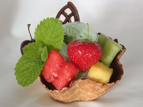 mint choc chip and fruit in waffle basket